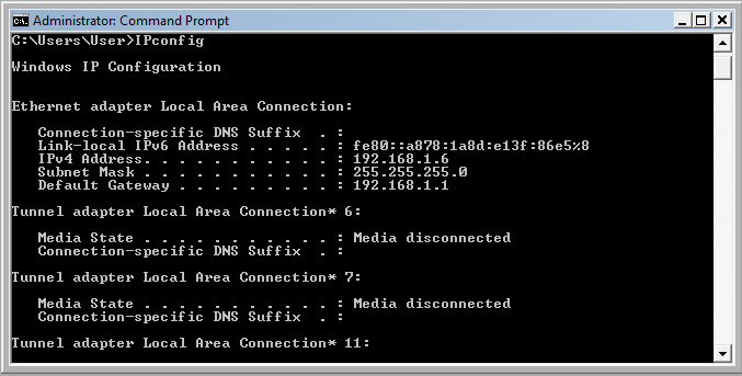 DOS window showing settings revealed using IPCONFIG DOS window showing settings revealed using IPCONFIG